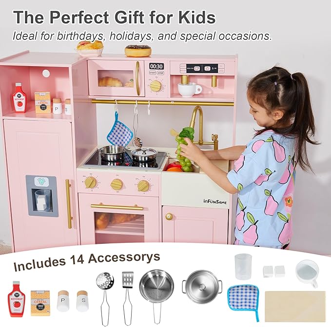 Kids Play Kitchen for Chef Pretend Kitchen Playset with Real Lights and Sounds and 14 Pcs Toy Kitchen Accessories, Wooden Toddler Pink Play Kitchen Set for Girls Ages 3+