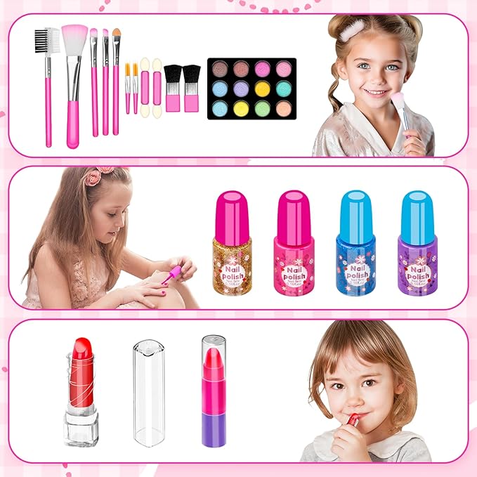 58Pcs Kids Makeup Kit for Girl - Real Washable Cosmetic Set with Light Up Mirror - Kids Makeup Sets for Girls -Play Make Up Birthday for Age 3 4 5 6 7 8 9 10 11 12 Years Old Kid -Rose