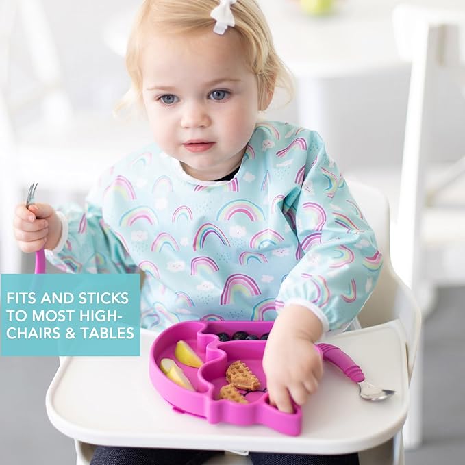 Bumkins Toddler and Baby Suction Plate, Silicone Divided Grip Dish, Babies and Kids, Baby Led Weaning, Children Feeding Supplies, Non Skid Sticky Bottom, Platinum Silicone, Ages 6 Months Up, Unicorn