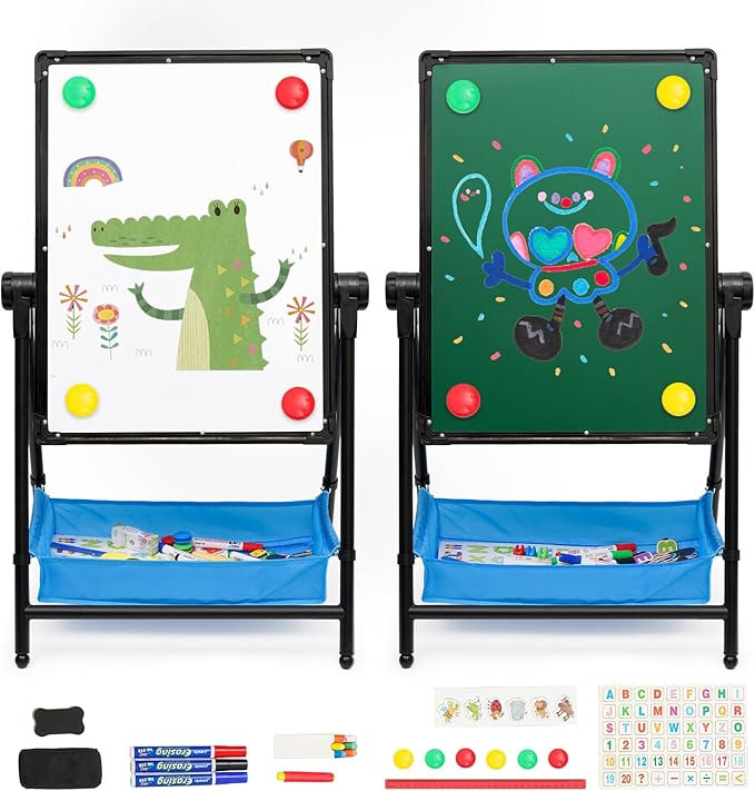 Kids Art Easel Double-Sided Easel Designed with Height Adjustable Function & Large Storage Bag Whiteboard & Chalkboard 360°Rotating Kids Drawing Easels for Kids Toddlers (26inch-43inch)