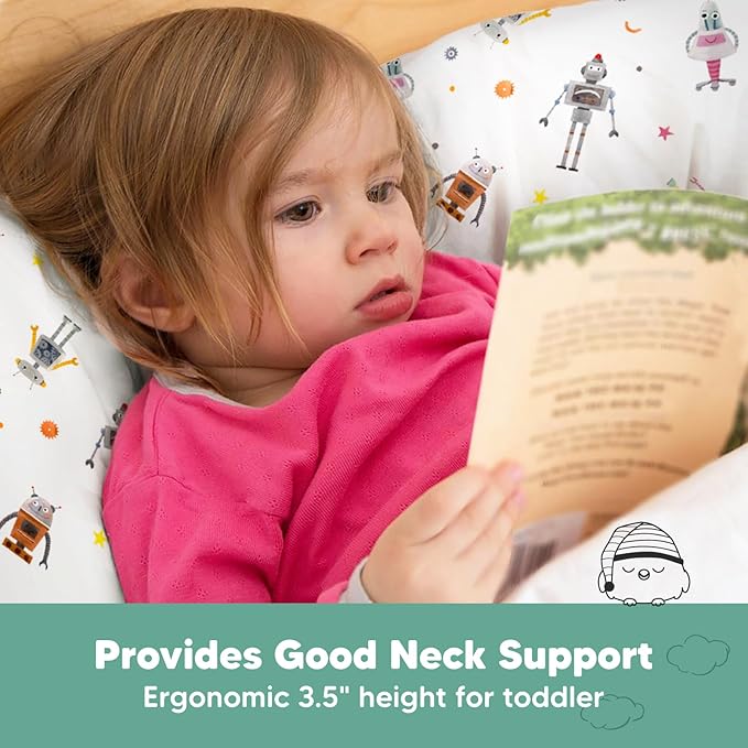 Toddler Pillow with Pillowcase - 13x18 My Little Dreamy Pillow, Organic Cotton Toddler Pillows for Sleeping, Kids Pillow, Travel Pillows, Mini Pillow, Nursery Pillow, Toddler Bed Pillow (Robo Pals)