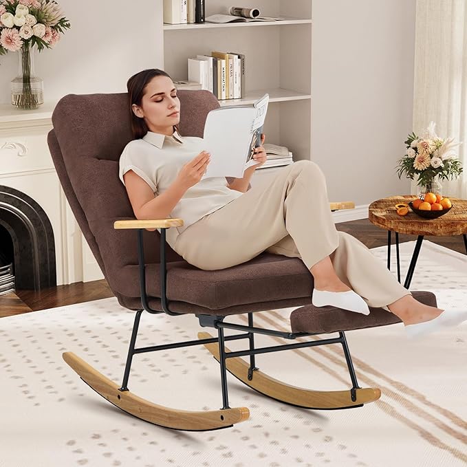 Rocking Chair with Footrest-Glider Rocker Chair with Retractable Footrest and Adjustable Backrest, Teddy Upholstered Rocking Chair, Modern Accent Chair for Living Room/Nursery/Bedroom/Outdoor-Brown