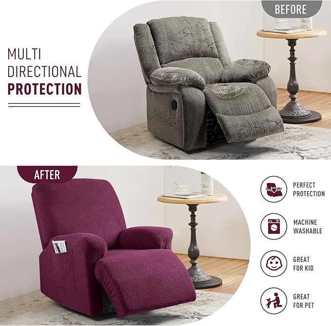 KinCam Recliner Covers, Stretch Reclining Chair Covers, Recliner Sofa Slipcovers Stripe Jacquard Recliner Couch Covers Furniture Protector Covers for Pet Kid (1 Seater, Burgundy)