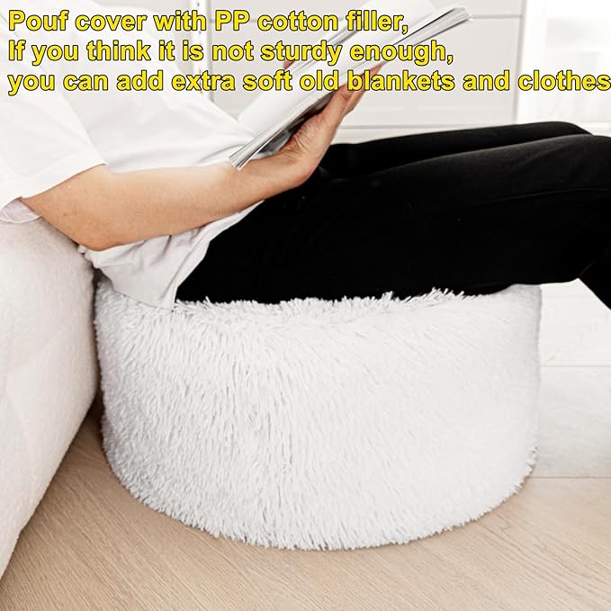 Round Pouf Ottoman Stuffed Pouf Ottoman Foot Rest Floor Foot Stool Floor Pouf for Living Room Bedroom Foot Rest for Couch 20 Inx12 Inch One Piece High Resiliency Foam Ottoman White Pouf with Filler