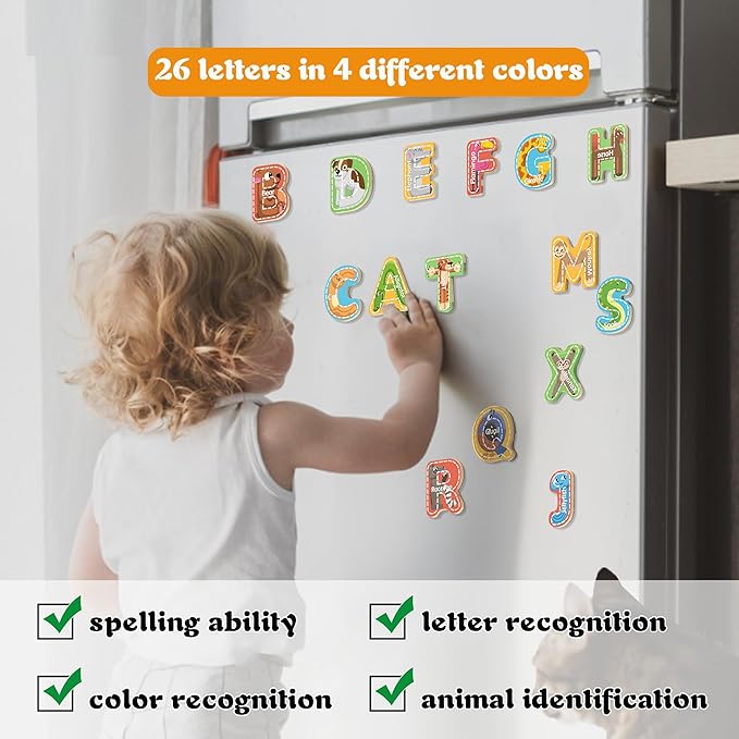Magnetic Letter, Thickened Wooden ABC Alphabet Fridge Magnets for Toddlers 1-3, Large Cute Animal Magnet Learning Toys Set for Kids Ages 2 4 5 Years Old Preschool Learning & Educational