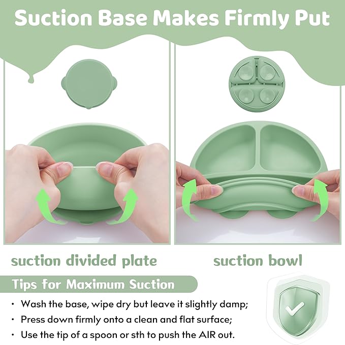 Silicone Baby Feeding Set, Baby Led Weaning Supplies, Eating Essentials Utensils with Suction Plate and Bowl, Pocket Bib, Sippy Cup with Lid, Forks Spoons Snack Container, for 6+ Months, Green