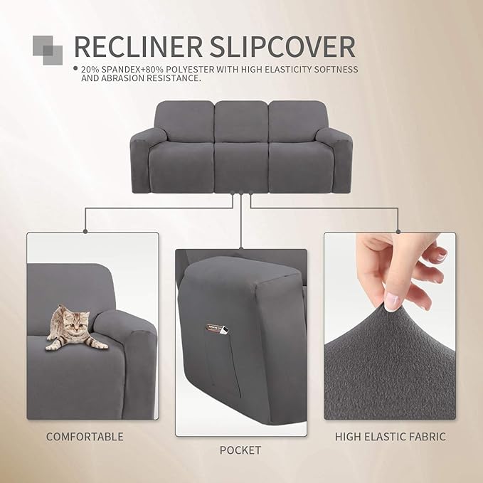 Easy-Going 8 Pieces Microfiber Stretch Sectional Recliner Sofa Slipcover Soft Fitted Fleece 3 Seats Couch Cover Washable Furniture Protector with Elasticity for Kids Pet(Recliner Sofa, Light Gray)