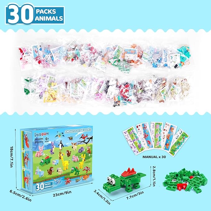 30 Packs Animal Party Favors for Kids, 810 PCS Mini Animal Building Block Toy Set for Goodie Bag Fillers Classroom Prizes Birthday Children's Day Christmas for Boys Girls Student Ages 6+