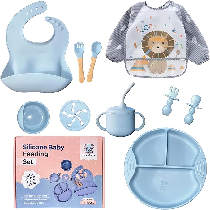 Silicone Baby Feeding Set, Eating Utensils with Suction Plate and Bowl, Baby Led Weaning Supplies, Toddler Self Feeding Dish Set with Waterproof Full Sleeve Bib, Spoon, 10pcs (Blue)
