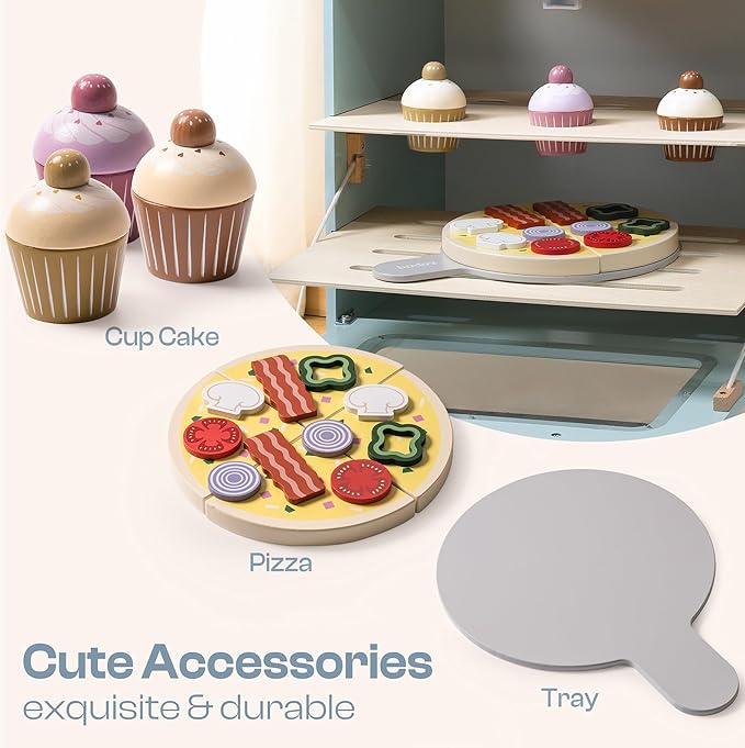 ROBOTIME Wooden Toy Kitchen Oven Playset, Montessori Pretend Play Kitchen Accessories with Pizza and Cupcakes Food Toys, Wooden Pizza Oven Set Toys for Toddlers & Kids