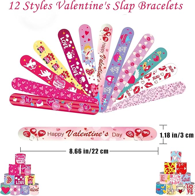 48Pcs Valentines Day Party Favors Silicone Bracelets Slap Bracelets Assorted for Kids Girls Boys Toddlers Valentines School Classroom Exchange Prizes Gifts