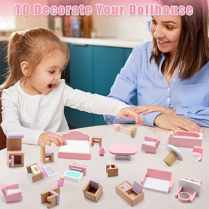 Wooden Dollhouse Furniture Set, 22 Pcs Miniature Doll House Accessories,4 Rooms Wood Pink Dollhouse Accessories Pretend Play Furniture Toys for for Kids Boys Girls Age 3