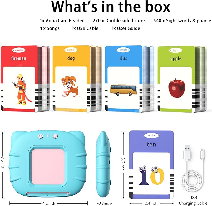 Kidzdo 540 Sight Words Talking Flash Cards with Music, Pocket Speech Therapy Toys, Montessori Toys, Learning Educational Teaching Gifts for Ages 2 3 4 5 6 Years Old Boys and Girls, Aqua