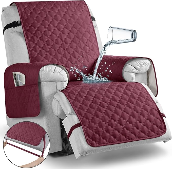 TAOCOCO Non-Slip Recliner Chair Cover Sofa Slipcover, Pet Cover for Large Recliner with Elastic Straps, Washable Chair Seat Cover Recliner Chair Furniture Protector (28'' Oversized, Wine)