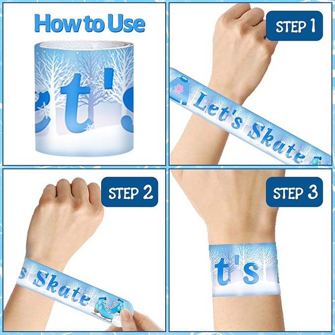 74 PCS Ice Skating Skate Party Favors, 24 PCS Ice Skating Slap Bracelets, 50 PCS Ice Skating Stickers Winter Ice Skating Birthday Party Decorations Supplies for Kids Boys Girls
