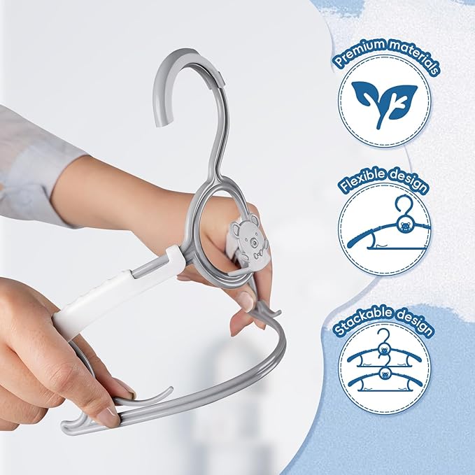 Kids Hangers 80 Pack Baby Hangers, Extendable & Adjustable Kid Hangers， Non-Slip Plastic Baby Clothes Hangers for Kids Infant Child - Stackable Hangers for Baby Clothes Grey Toddler Hangers