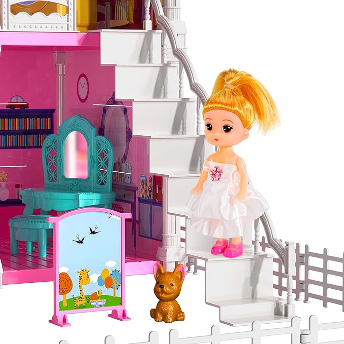 TEMI Villa Toys for 3-8 Years Old Girls - 3 Storeys 6 Rooms Indoor Playset with 2 Dolls, Furniture and Accessories, Pretend Girls Plays, Building Toys, Gifts for Kids 3-5