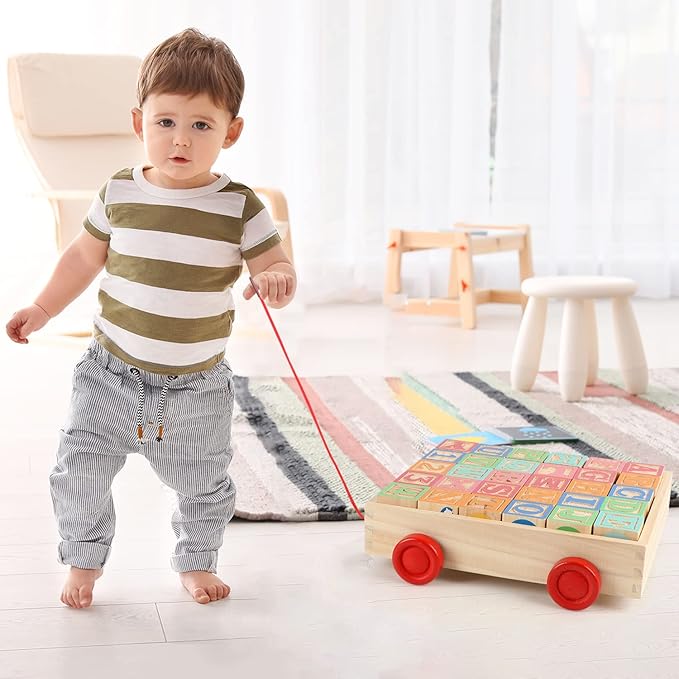 Joqutoys Wooden Building Blocks for Toddlers 1-3, Large Wood Baby Stacking Blocks Set for Kids, 30 PCS Alphabet Blocks with Toy Wagon, Educational Wooden Toys for Boys Girls Gifts 1.65"