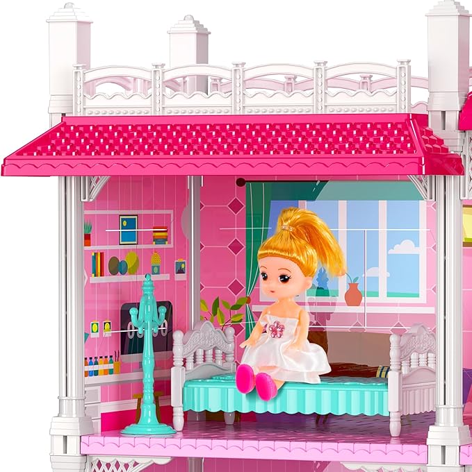 TEMI Villa Toys for 3-8 Years Old Girls - 2 Storeys 4 Rooms Indoor Playset with 2 Dolls, Furniture and Accessories, Pretend Girls Plays, Building Toys, Gifts for Kids 3-5