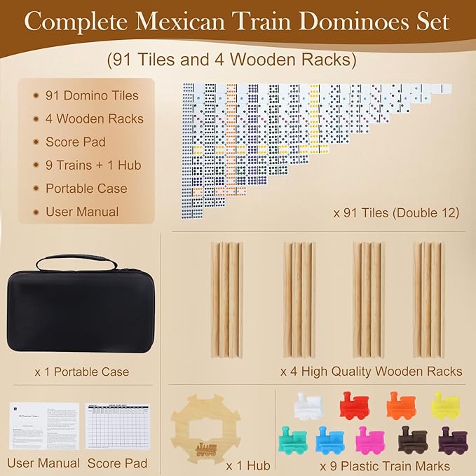 4 Players Games, Mexican Train Dominoes Set with 4 Wooden Racks, 91 Tiles, Portable Case, Double 12 Dominos Set for Adults, Board Game for Adults, Easter Basket Stuffers, Easter Gifts for Men Women