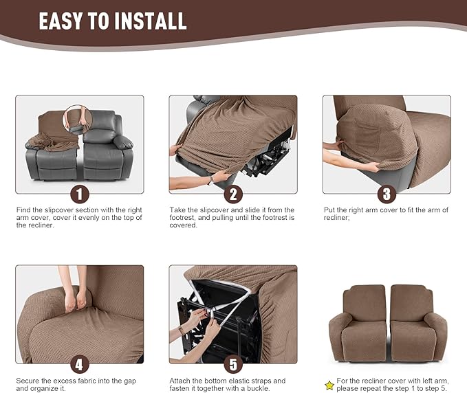 KinCam Recliner Covers, Stretch Reclining Chair Covers, Recliner Sofa Slipcovers Stripe Jacquard Recliner Couch Covers Furniture Protector Covers for Pet Kid (2 Seater, Light Coffee)