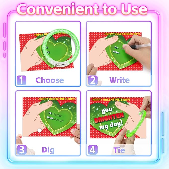 28 Pack Valentines Cards for Kids School, Glow Bracelets with Valentines Cards, Valentines Gifts for Kids Classroom, Glow in The Dark LED Bracelet Toys Party Favors, Kids Valentines Exchange Gifts