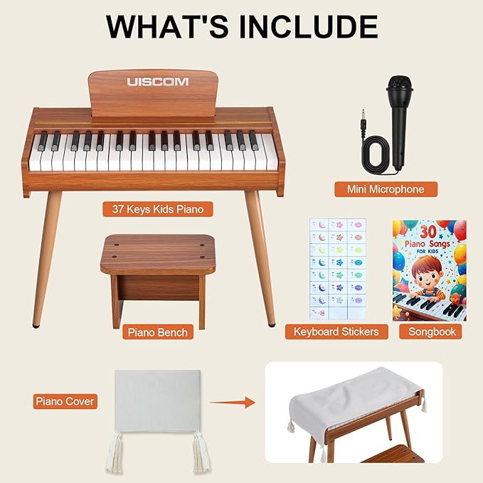 Kids Keyboard Piano, 37 Keys Digital Piano, Toddler Musical Instruments, Wooden Kids Piano with Bench, Toddler Piano for 3+ Girls and Boys, Brown
