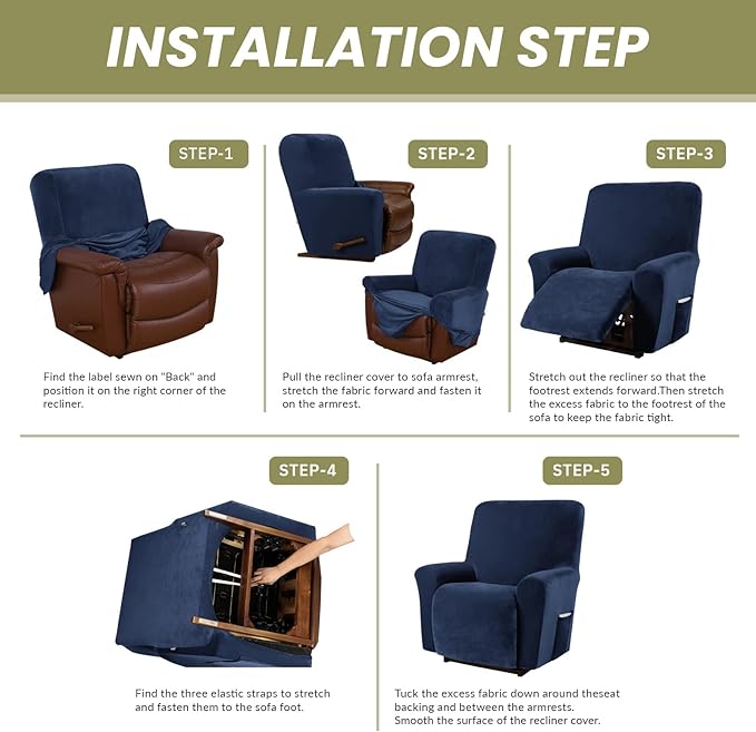 AZON Velvet Stretch Recliner Chair Cover,1-Piece Washable Recliner Couch Cover with Elastic Furniture Protector for Pets, Kids(Recliner, Navy Blue)