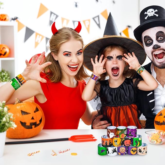 48pcs Halloween Slap Bracelets,Assorted Snap Bracelet Pumpkin Witch Wristbands for Kids Trick or Treat Halloween Party Favors Supply