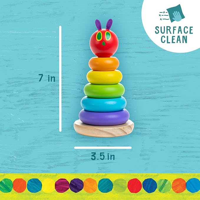 KIDS PREFERRED World of Eric Carle, The Very Hungry Caterpillar Wooden Stacker with Colorful Rainbow Rings, 7 Inch Stacking Solid Wood Educational Developmental Toy –Sorting and Stacking, Multicolor