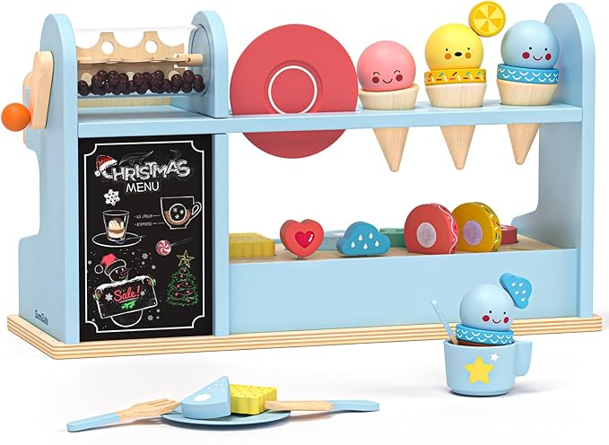 42PCS Wooden Kids Coffee Maker Toy Play Set 3 in 1 Ice Cream Dessert Maker Playset Toy,Pretend Play Food Kitchen Accessories,Montessori Shape Sorter Toy for Girl and Boy