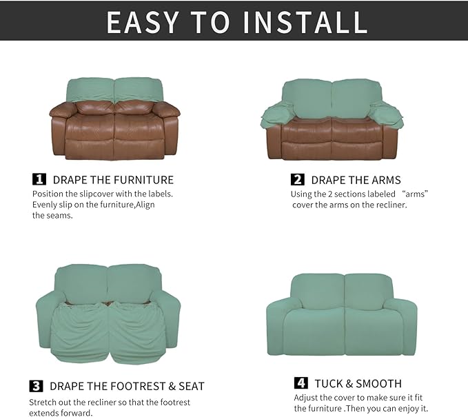 Easy-Going 6 Pieces Microfiber Stretch Sectional Recliner Sofa Slipcover Soft Fitted Fleece 2 Seats Couch Cover Washable Furniture Protector with Elasticity for Kids(Recliner Loveseat, Cyan)