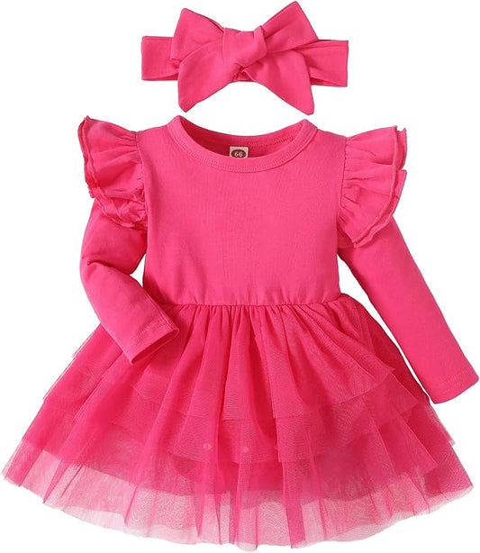 Baby Girl Ruffle Sleeve Romper Dress Outfit Newborn Princess Tulle Dresses Infant Jumpsuit Tutu Skirt Set Clothes