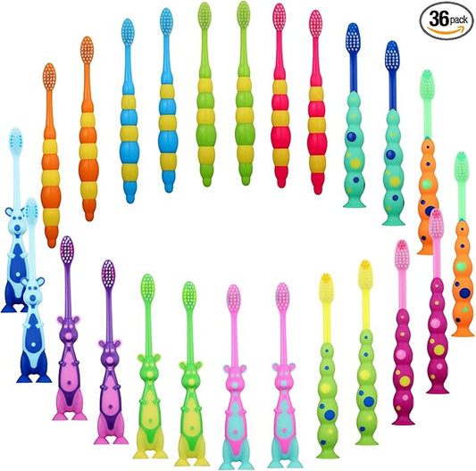 36 Pieces Toddler Toothbrush Bulk Kids Toothbrush Pack Manual Baby Toothbrushes with Covers Suction Cup Toothbrush Lovely Soft Bristle Animal Toothbrush for Kids Sensitive Teeth
