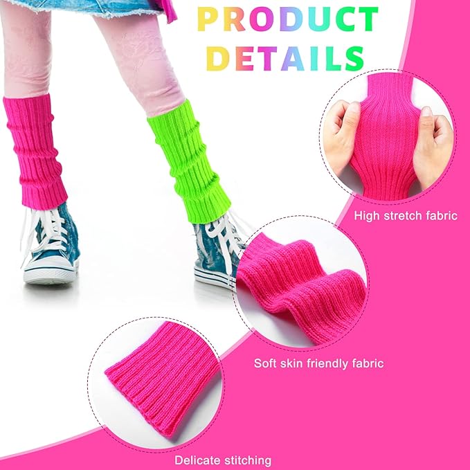 Giegxin 2 Set 80s Leg Warmers Set for Girls Kids Neon Ribbed Knit Leg Warmers Fitness Headband Wristbands for Cosplay Party