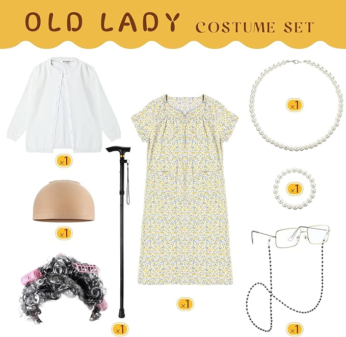 9 Pcs 100 Days of School Costume for Girls Old Lady Costume for Kids Grandma Wig Dress up Cosplay Accessories