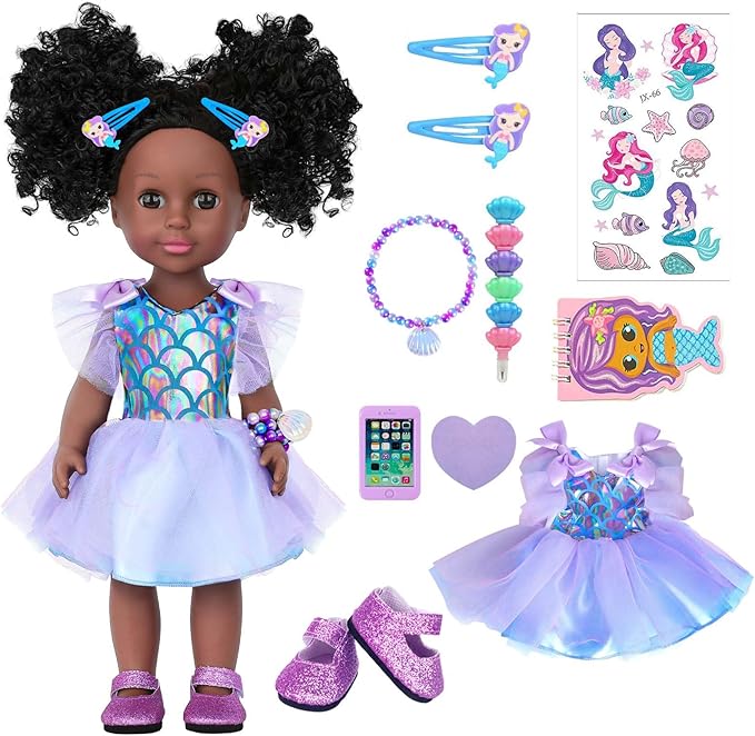 14.5 Inch Black Dolls Realistic Baby Doll Clothes and Accessories,Silicone African Baby Doll with Doll Princess Deep Sea Theme Dress Best Gift for Girls Kids