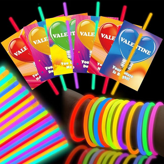 32 Pack Valentines Day Gifts For Kids,Valentines Glow Sticks Bracelets with Valentines Cards Valentines Day Gifts for Kids School Classroom Exchange Valentine's Day Party Favors Supplies