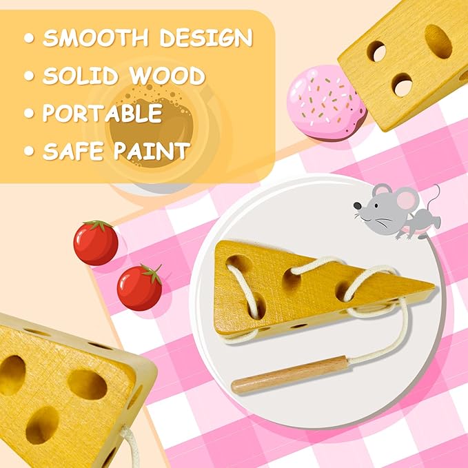 Sealive Early Development Toys Wooden Lacing Toys, Montessori Activity Kids Cheese Toys, Children Learning Educational Wood Block Puzzles Toy for Toddlers Boys Girls (Cheese)