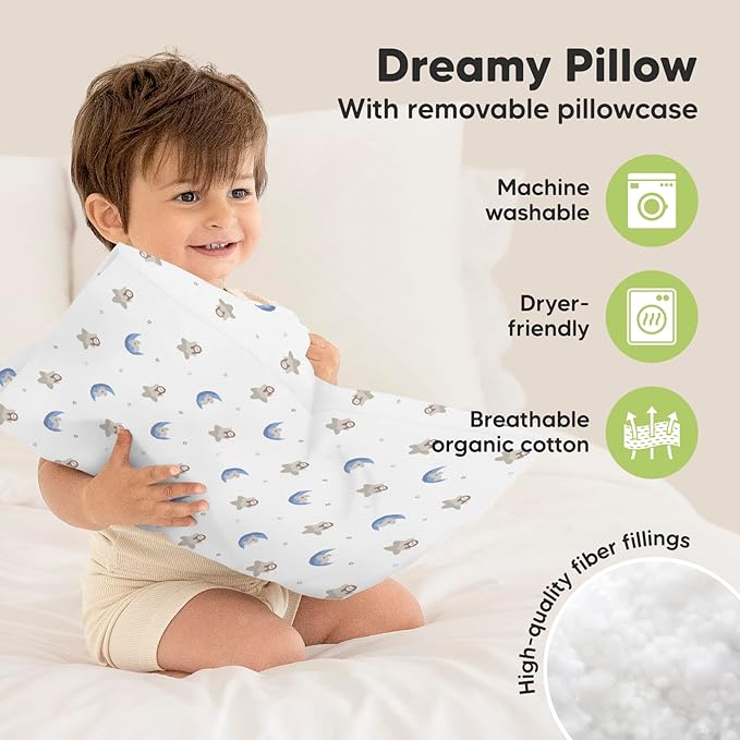 Toddler Pillow with Pillowcase - 13x18 My Little Dreamy Pillow, Organic Cotton Toddler Pillows for Sleeping, Kids Pillow, Travel Pillows, Mini Pillow, Nursery Pillow, Toddler Bed Pillow (Space Drift)