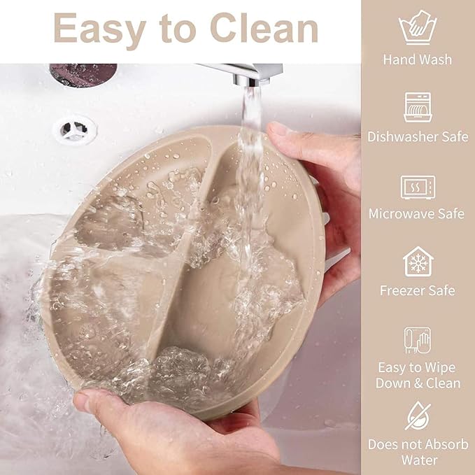 Baby Feeding Tableware Set Silicone Tray and Bowl with Suction Cup Baby Weaning Supplies Adjustable Waterproof Bib Learning Cup and 2 Spoons 2 Forks 8-Piece Set（Apricot）