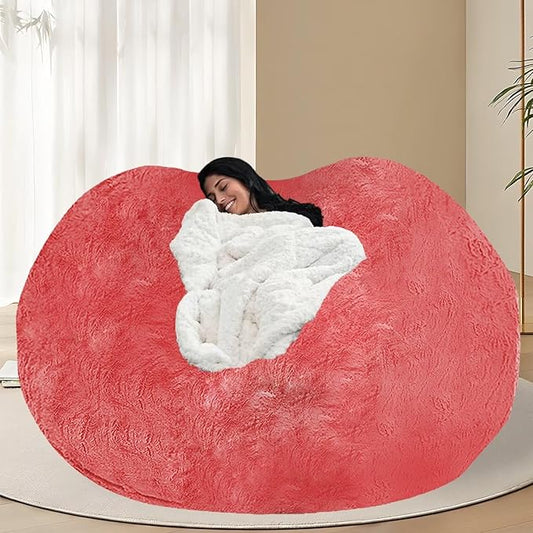 BCU 6FT Bean Bag Chair for Adults and Kids Without Filler Giant Stuffed Animal Storage Cover Soft Faux Fur Floor Chair Cover for Bedroom Living Room, Rose Red