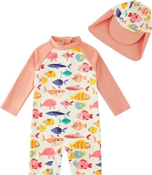 upandfast Baby/Toddler Swimsuit UPF 50+ Sun Protection One Piece Zipper Bathing Suit with Sun Hat Infant Beach Swimwear