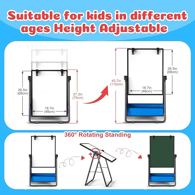 Kids Easel Double-Sided Art Easel with Paper Clip Height Adjustable Whiteboard & Chalkboard 360°Rotating Standing Art Easel for Kids Gift for Boys and Girls Toys for Ages 2-4