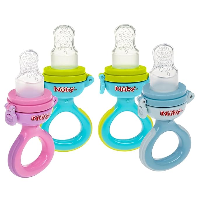 Nuby Baby’s First Food Dispenser with Hygienic Cover | Baby’s First Soft Foods and Teething | 2 Pack: Aqua & Blue or Pink & Aqua | Twist n' Feed | Promotes Self Feeding |10+ Months