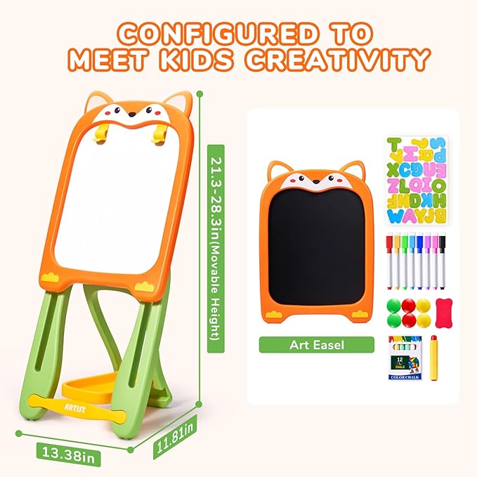 Adjustable Standing Toddler Art Easel with educatinal Accessories for Kid,4-in-1 Double-Sided Magnetic Chalkboard&Whiteboard,Dry Eraser Board,Detachable&Portable,Ideal Birthday Gift for 2-4,FOX