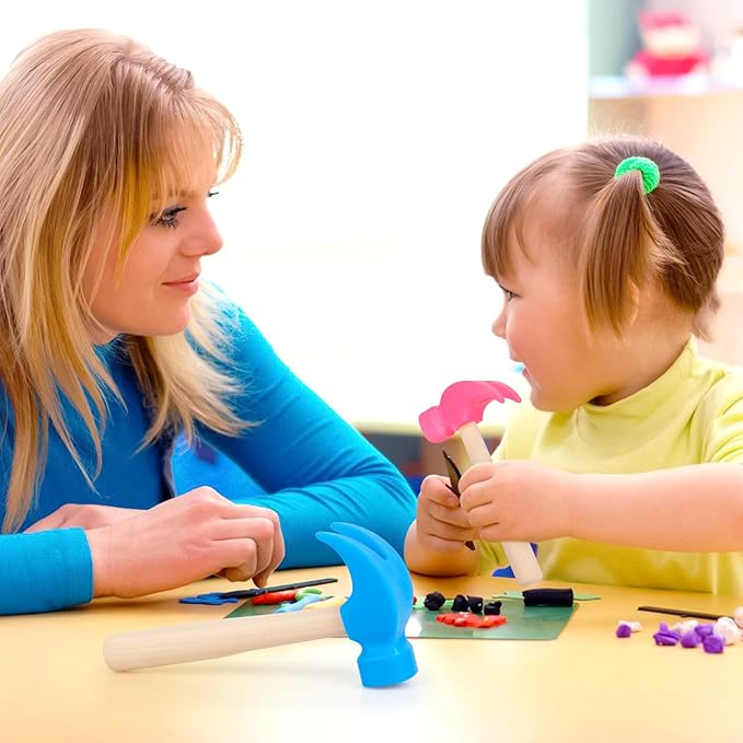 2 Pack Wooden Hammer Toys Simulation Hammers Maintenance Tools Educational Toys for Kids Birthday Party Games Supplies (Blue + Rose Red)