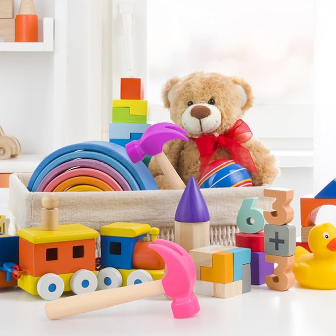 2 Pack Wooden Hammer Toys Simulation Hammers Maintenance Tools Educational Toys for Kids Birthday Party Games Supplies (Purple + Rose Red)