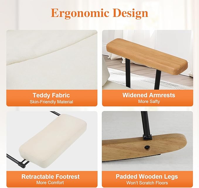 Rocking Chair with Footrest-Glider Rocker Chair with Retractable Footrest and Adjustable Backrest, Teddy Upholstered Rocking Chair, Modern Accent Chair for Living Room/Nursery/Bedroom/Outdoor-Beige