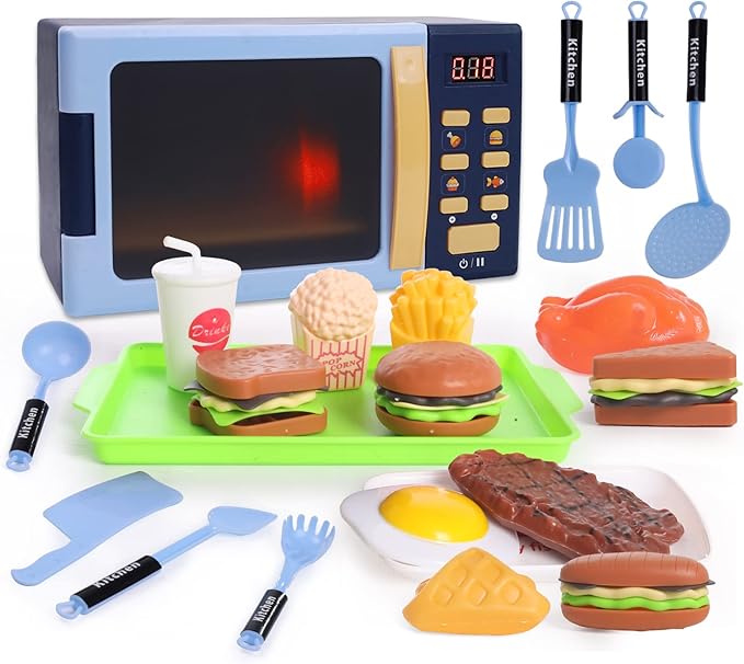 Kids Microwave Toy with Light and Sound, Realistic Toy Kitchen Appliances, Play Kitchen Accessories and Play Food for Toddlers 3 Year Old Up Girls Boys, Blue